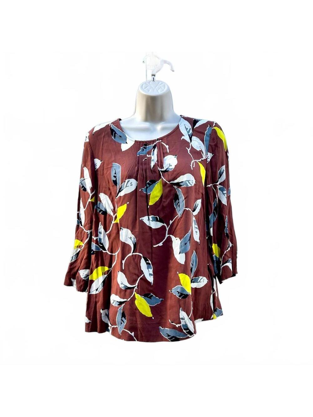 Boden Scoop Neck 3/4 Sleeve Pleat Accent Earth-tone Viscose Blouse | Size 10